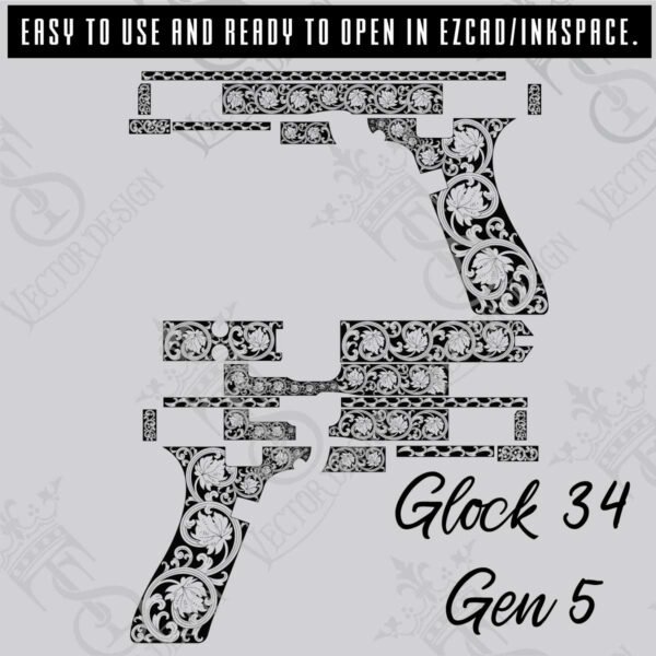 STVector Design Glock 34 gen5 Scroll Vector Design engraving files,pistol engrave,vector ,laser engraving svg dxf ai digital download