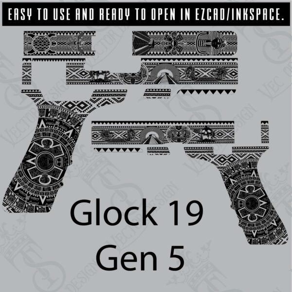 STVector Design Glock 19 gen 5 Aztec Vector design engraving files,pistol engrave,vector scroll desing,laser engraving svg dxf ai digital download - Image 2