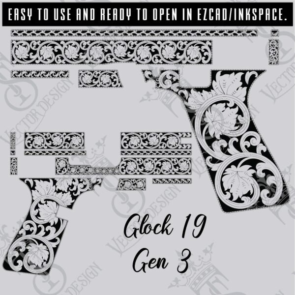 STVector Design Glock 19 Gen 3 scroll Vector Design engraving files,pistol engrave,vector ,laser engraving svg dxf ai digital download